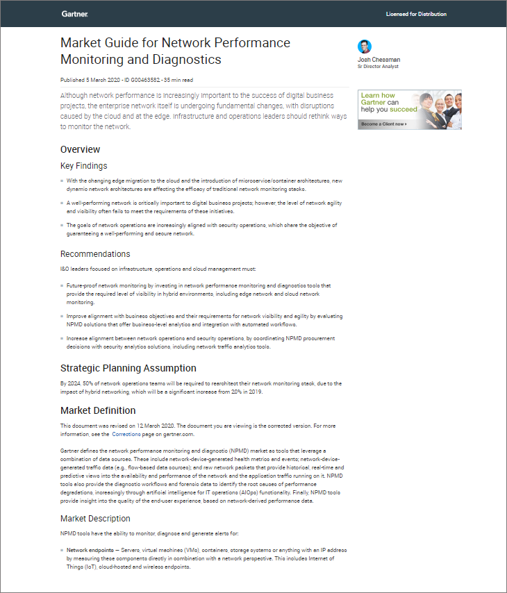 Gartner Market Guide for Network Performance Monitoring and Diagnostics, 2020.